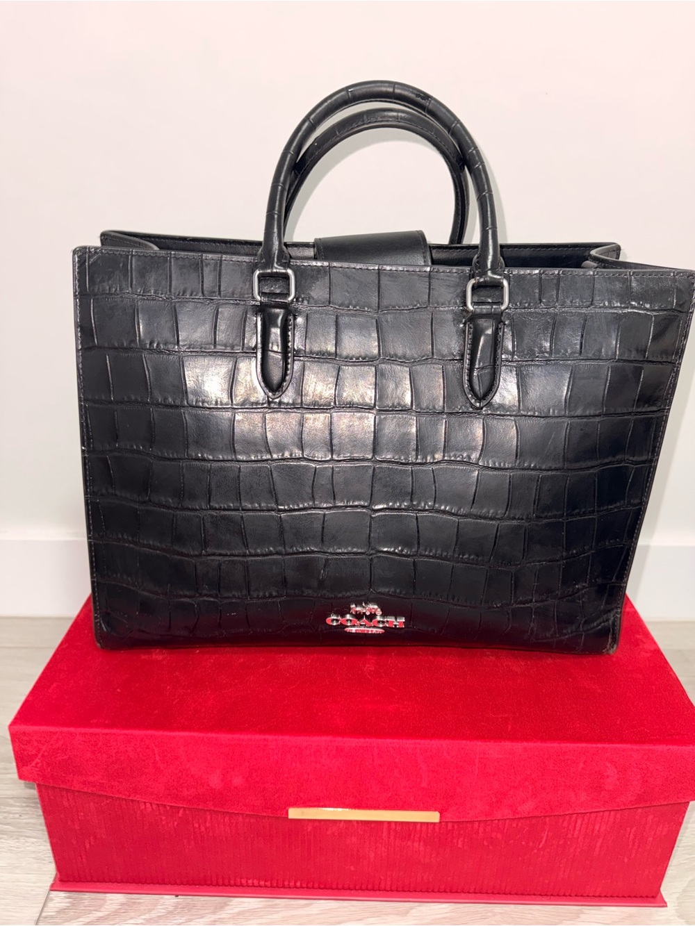 Coach Black Croc-Embossed Leather Briefcase Tote
